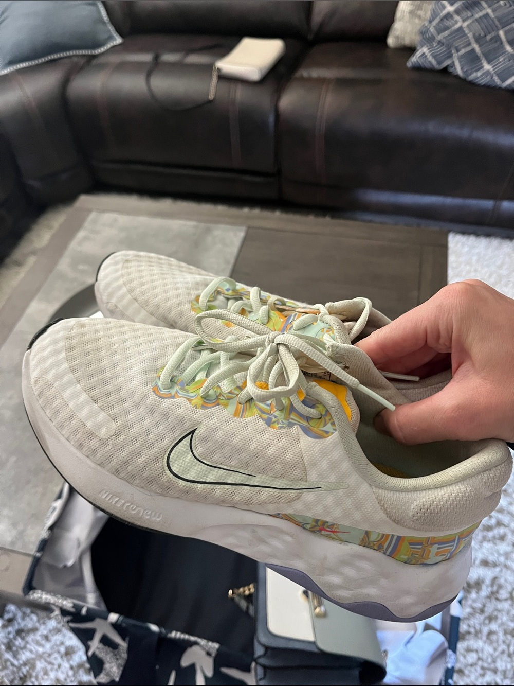 Nike Kids Beige Sneakers with Light Green and Yellow Accents